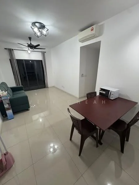 Dining features: dining table with four chairs, ceramic tile flooring, white painted walls, ceiling fan with light, wall-mounted split AC, sliding glass door, curtains, microwave on countertop, green fabric sofa, vacuum cleaner, floor-to-ceiling windows; style: modern.