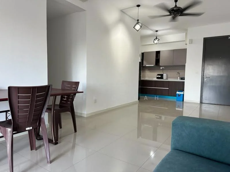 Living features: grey fabric sofa, 4-seater dining table, brown plastic dining chairs, ceiling fan, recessed downlights, glossy tile flooring, white painted walls, kitchenette with cabinets, microwave, kitchen countertop, kitchen sink, kitchen appliances visible; style: modern.