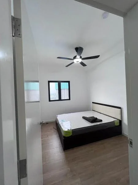 Bedroom features: queen-size bed, black bed frame, 5-blade ceiling fan with light, white painted walls, wooden flooring, window with sheer curtains, black window frame, minimalist decor; style: modern.