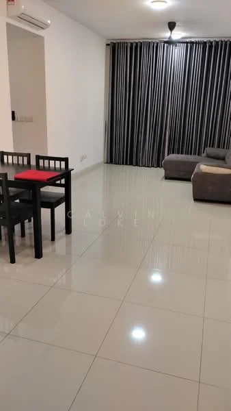 Living features: grey fabric sofa, black dining table with four chairs, red table mat, polished ceramic tile flooring, floor-to-ceiling curtains with striped pattern, recessed ceiling lights, wall-mounted split AC, neutral painted walls; style: modern.