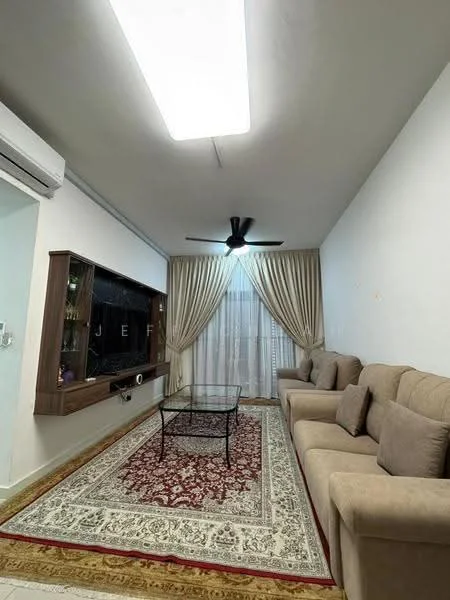 Living features: 3-seater fabric sofa in beige, 2-seater fabric sofa in beige, glass coffee table, area rug with intricate pattern, wall-mounted TV console, floor-to-ceiling curtains, ceiling fan, recessed ceiling lights, light-colored painted walls, wooden flooring; style: modern.