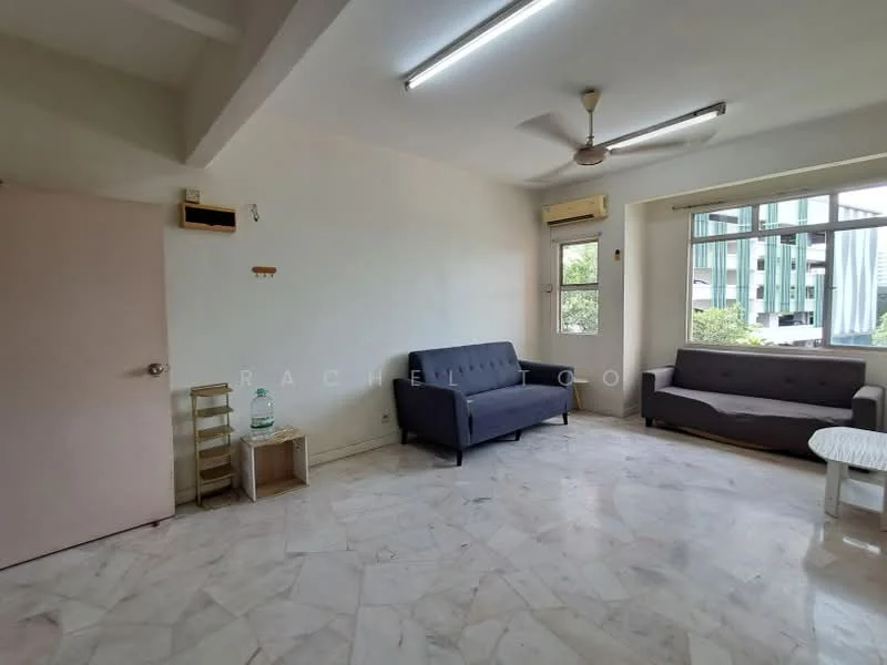 Living features: marble flooring, white painted walls, 5-blade ceiling fan with light, floor-to-ceiling windows, two-seater fabric sofa in grey, three-seater fabric sofa in grey, small round coffee table, window air conditioning unit, decorative wall shelf; style: modern; view: garden.