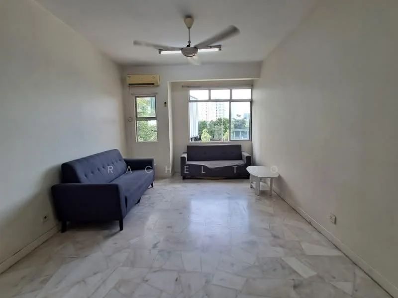 Living features: white painted walls, marble flooring, 5-blade ceiling fan, 2-seater fabric sofa in grey, 3-seater fabric sofa in grey, round coffee table, floor-to-ceiling windows, window with view of greenery, wall-mounted air conditioning unit; style: minimalist; view: garden.