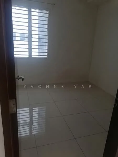 Room features: white painted walls, glossy ceramic tile flooring, window with horizontal slats, natural light from window, single door entrance.