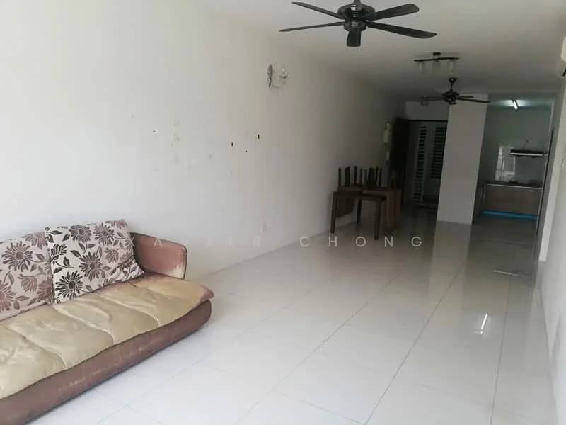 Living features: cream painted walls, white tiled flooring, 3-seater fabric sofa in beige with floral pattern, wooden dining table with 4 chairs, 2 ceiling fans, open layout to kitchen, no visible decor; style: modern.
