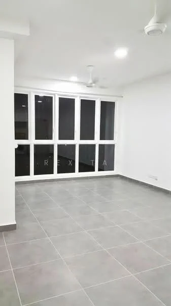 Room features: white painted walls, grey tiled flooring, floor-to-ceiling windows, 3-blade ceiling fan, recessed LED downlights; style: modern; view: city.