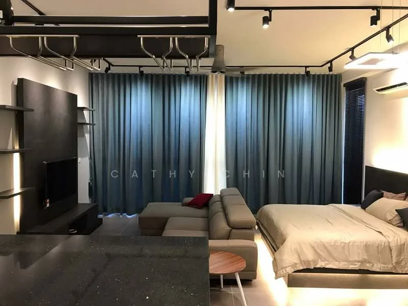 Living features: grey fabric sectional sofa, black wall-mounted TV unit, black accent wall, recessed LED downlights, curtains in blue and cream, light-coloured flooring, coffee table, decorative pillows; style: modern. Bedroom features: queen-size bed with grey bedding, black upholstered headboard, bedside table, wall-mounted reading lights; style: modern.