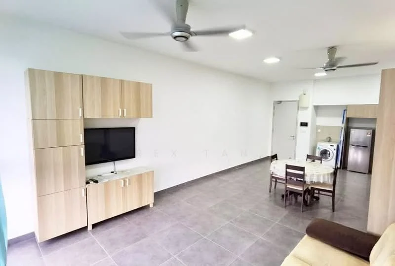 Living features: grey tiled flooring, white painted walls, ceiling fan, wall-mounted TV, wooden TV console with storage, dining table with four chairs, refrigerator, washing machine, sofa, open layout; style: modern.