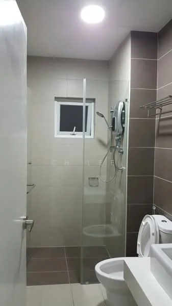 Bathroom features: glass shower enclosure, rain shower head, handheld shower, wall-mounted shower controls, white toilet, white sink, chrome faucet, mirror above sink, tiled walls in light beige, tiled flooring in dark brown, built-in shelving, window for natural light, recessed ceiling lights; style: modern.