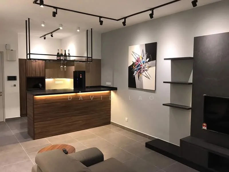 Living features: grey tiled flooring, dark wood cabinetry, black countertop, built-in wine rack with bottles, recessed LED downlights, wall-mounted TV, decorative wall shelf, abstract wall art, sofa in grey fabric, open-plan layout, modern lighting fixtures, neutral wall colour; style: modern.