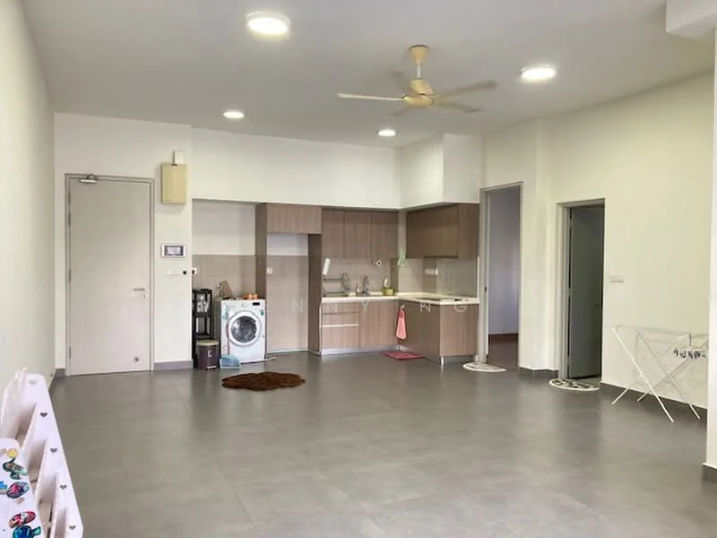 Room features: grey tiled flooring, white painted walls, ceiling fan, recessed downlights, kitchenette with wooden cabinetry, single-bowl stainless-steel sink, built-in stove, washing machine, open layout, laundry area, sliding door to another room, clothes drying rack; style: modern.