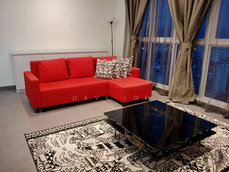 Living features: red fabric L-shape sectional sofa, decorative throw pillows with black and white pattern, black coffee table with glossy surface, area rug with abstract pattern, floor-to-ceiling windows, curtains in light brown, grey tiled flooring, white painted walls, standing lamp; style: modern; view: city.
