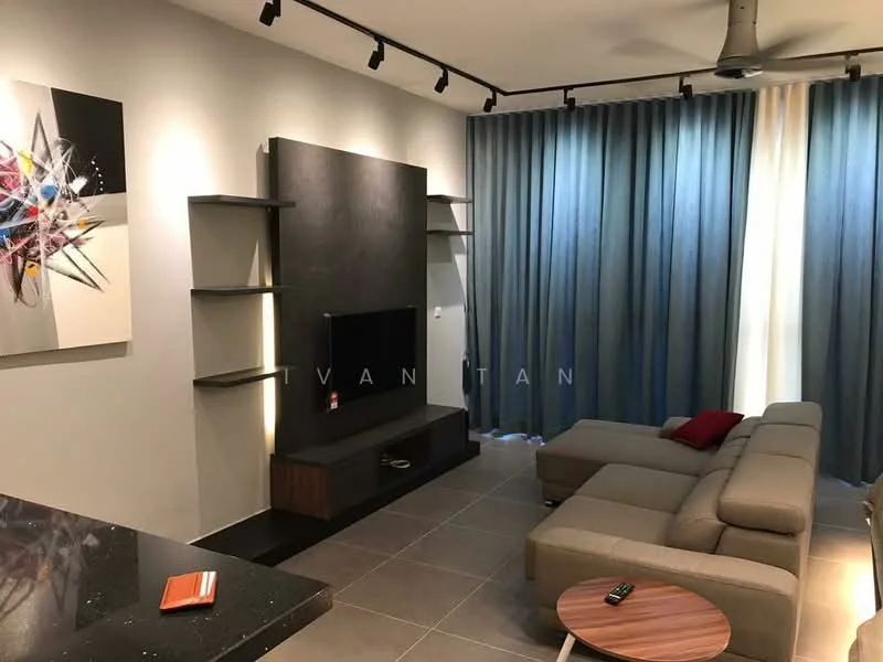Living features: grey fabric sectional sofa, wooden coffee table, wall-mounted TV, black feature wall, floating shelves, floor-to-ceiling windows, sheer curtains, dark tile flooring, ceiling fan with light, decorative artwork; style: modern.