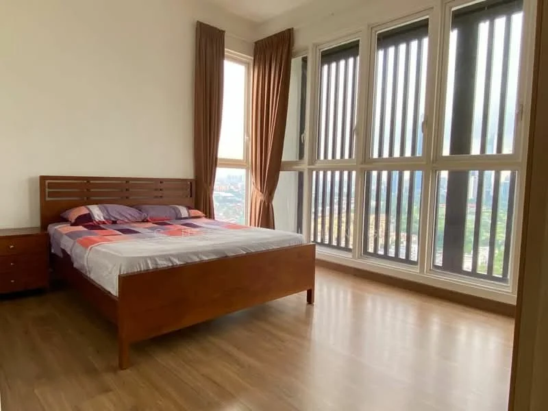 Bedroom features: queen-size bed, wooden bed frame, two bedside tables, floor-to-ceiling windows, curtains, wooden flooring, city view, decorative wall paneling; style: modern; view: city.