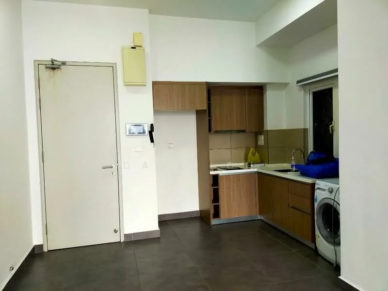 Kitchen features: white painted walls, grey floor tiles, wood cabinetry, single-bowl stainless-steel sink, chrome pull-down faucet, built-in oven, freestanding washing machine, countertop, window above sink; style: modern.