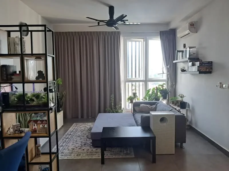 Living features: 5-blade ceiling fan with light, floor-to-ceiling windows, grey fabric sofa, coffee table, area rug with geometric pattern, decorative plants, wall-mounted shelves, curtains, air conditioning unit, open shelving unit with decorative items; style: modern; view: city.
