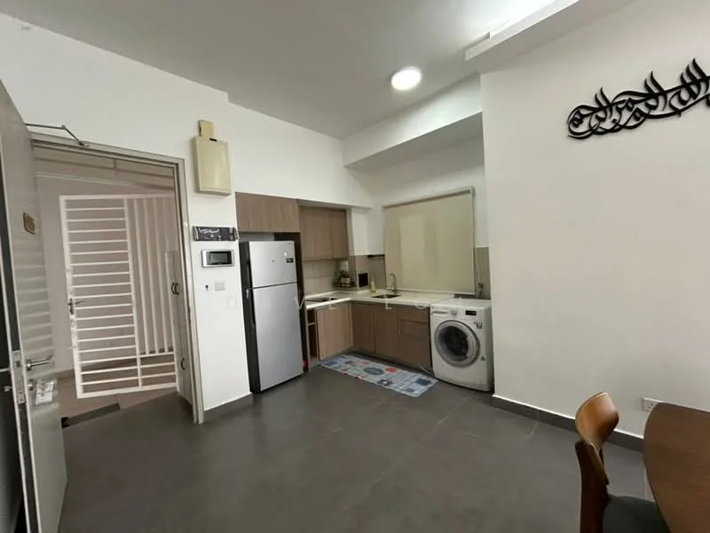 Kitchen features: grey tiled flooring, white painted walls, wood cabinetry, stainless-steel fridge, built-in oven, ceramic cooktop, single-bowl stainless-steel sink, chrome pull-down faucet, washing machine, window with roller blinds, kitchen countertop, area rug with geometric pattern; style: modern.