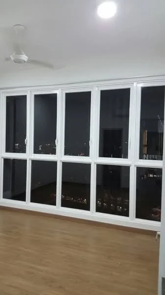 Room features: large floor-to-ceiling windows, white window frames, wooden flooring, ceiling fan, recessed ceiling lights, neutral wall color; style: modern; view: city.