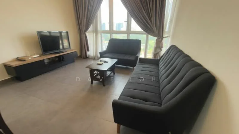 Living features: 2-seater fabric sofa in black, 3-seater fabric sofa in black, wooden coffee table, wall-mounted TV, TV console in dark wood, floor-to-ceiling windows, curtains in light brown, grey tiled flooring; style: modern; view: city.