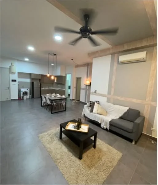 Living features: 3-seater fabric sofa in grey, coffee table, area rug with geometric pattern, 5-blade ceiling fan with light, wall-mounted air conditioning unit, decorative throw blanket, wall paneling, recessed downlights; style: modern. Dining features: 6-seater dining table, upholstered dining chairs, pendant lighting above dining table; style: modern. Kitchen features: open kitchen layout, stainless-steel appliances, kitchen cabinets, countertop, washing machine visible; style: modern.