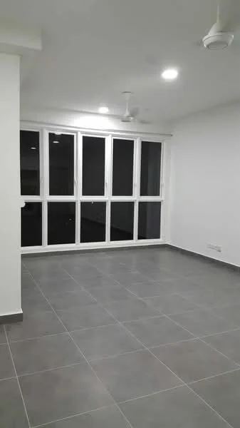 Living features: grey ceramic tile flooring, white painted walls, recessed downlights, 2 ceiling fans, floor-to-ceiling windows, window treatments not visible; style: modern.
