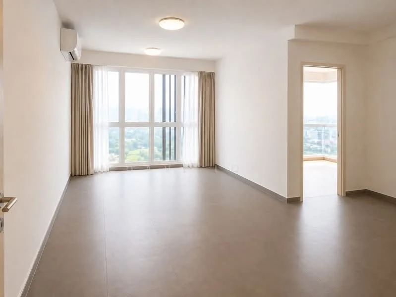 Living features: floor-to-ceiling windows, sheer curtains, light grey walls, tile flooring, 1 wall-mounted split AC, recessed downlights, neutral colour scheme, balcony access, open layout; style: modern; view: city.