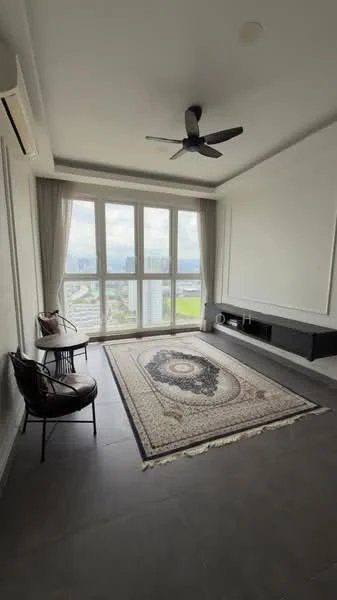 Living features: floor-to-ceiling windows, grey tiled flooring, 5-blade ceiling fan, wall-mounted TV console, decorative area rug, curtains, city view, accent wall; style: modern; view: city.