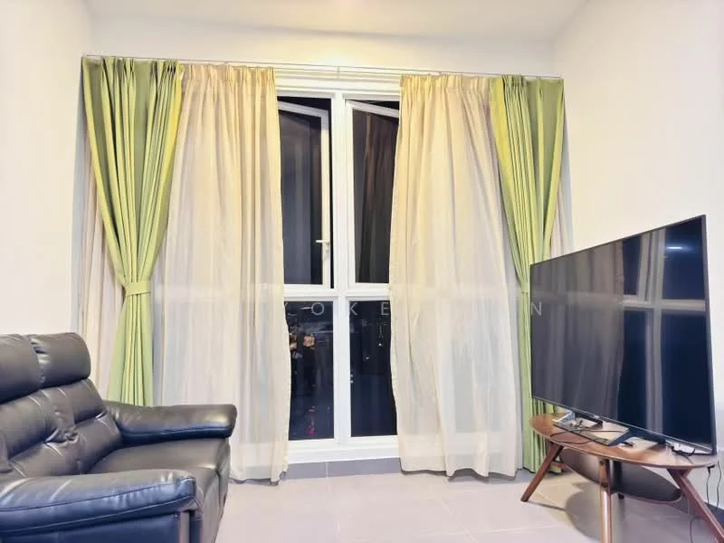 Living features: black leather sofa, wooden coffee table, floor-to-ceiling windows, sheer curtains, green and cream drapes, tile flooring, wall-mounted TV, city view; style: modern; view: city.