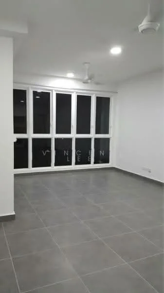 Room features: grey tiled flooring, white painted walls, ceiling with recessed downlights, 2 ceiling fans, large floor-to-ceiling windows, window treatments not visible; style: modern.