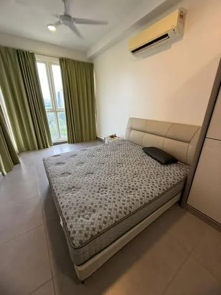 Bedroom features: queen-size bed, upholstered headboard, bedside table, floor-to-ceiling windows, green curtains, wall-mounted split AC, tile flooring, decorative pillow; style: modern; view: city.