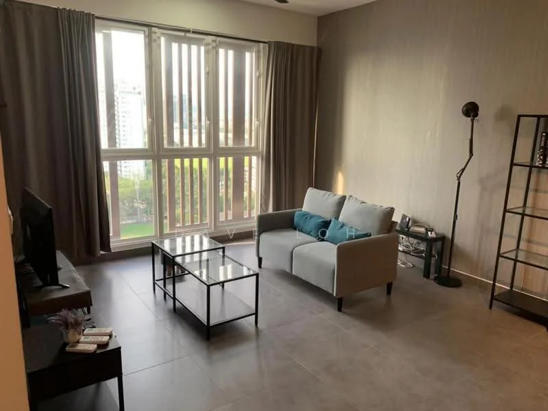 Living features: grey fabric 2-seater sofa, black coffee table with glass top, floor-to-ceiling windows, sheer curtains, grey accent wall, tile flooring, black floor lamp, TV console, decorative shelving unit; style: modern; view: city.