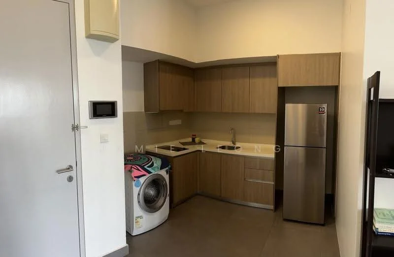 Kitchen features: light wood cabinetry, white countertop, stainless-steel fridge, built-in sink, chrome pull-down faucet, ceramic tile backsplash, front-load washing machine, grey tile flooring, wall-mounted control panel; style: modern.