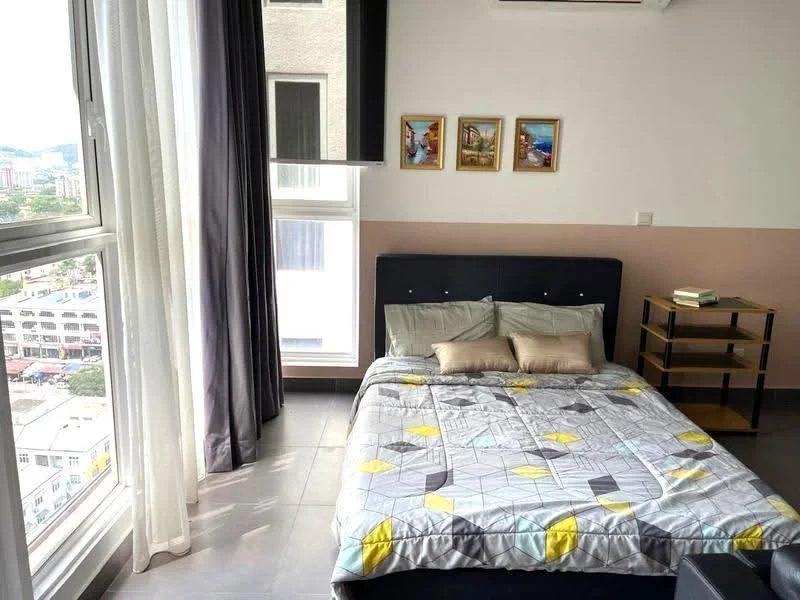 Bedroom features: king-size bed, upholstered headboard, grey and yellow geometric patterned bedding, floor-to-ceiling windows, sheer curtains, dark grey curtains, wooden bedside table, framed artwork on wall, grey tiled flooring, air conditioning unit; style: modern; view: city.