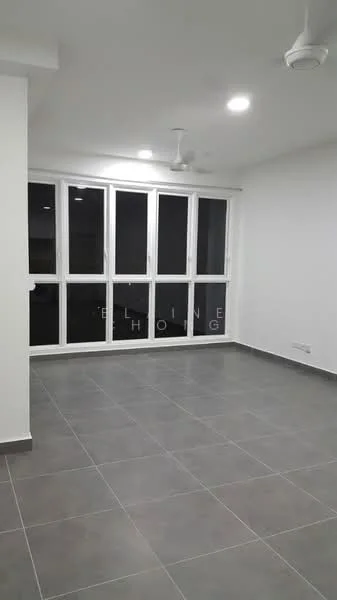 Room features: white painted walls, grey tile flooring, floor-to-ceiling windows, 2-blade ceiling fan, recessed LED downlights; style: modern.