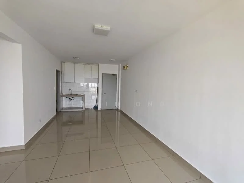 Room features: white painted walls, glossy beige floor tiles, kitchenette with countertop, single-bowl stainless-steel sink, white cabinetry, door to hallway, large windows for natural light, recessed ceiling lights; style: modern; view: city.