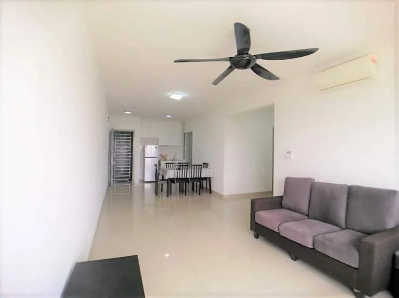 Living features: 3-seater fabric sofa in grey, ceiling fan, wall-mounted air conditioning unit, white painted walls, glossy tile flooring, dining table with chairs, refrigerator, open layout to kitchen, natural light from windows; style: modern.