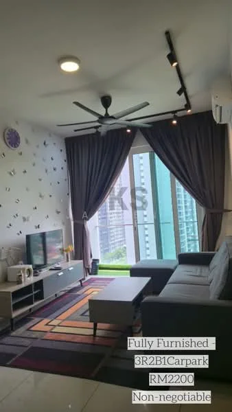 Living features: grey fabric sofa, coffee table, TV console, wall-mounted TV, area rug with geometric pattern, 5-blade ceiling fan with light, floor-to-ceiling windows, curtains, decorative wall with butterfly patterns, wall clock; style: modern; view: city.