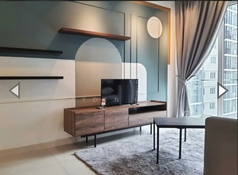 Living features: light grey wall with geometric design, white wall, floating wooden shelves, wooden TV console, black television, grey area rug, large floor-to-ceiling windows, sheer curtains, coffee table; style: modern; view: city.