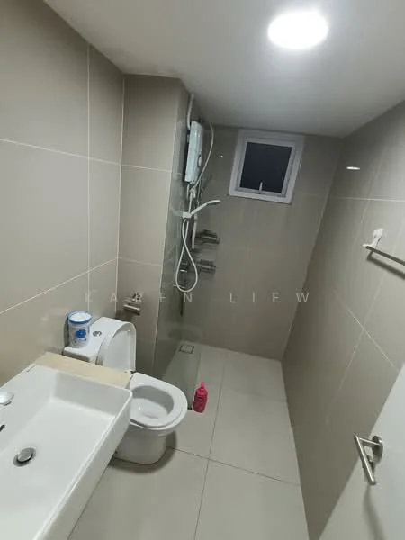 Bathroom features: white ceramic toilet, single-sink vanity with white cabinet, chrome basin mixer faucet, framed mirror, walk-in shower with glass enclosure, rain shower head, handheld shower, white tiled walls, grey tiled flooring, window for natural light, shower control panel, toilet paper holder; style: modern.