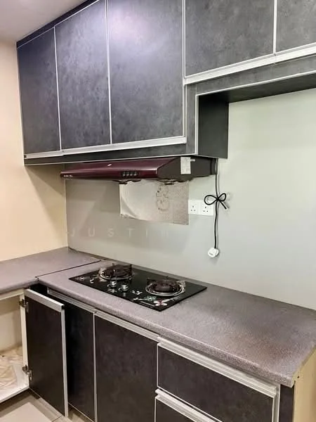 Kitchen features: black laminate cabinetry, grey countertop, built-in gas hob, stainless-steel range hood, wall-mounted electrical outlet, light-colored wall, under-cabinet lighting, open shelving, drawer storage; style: modern.