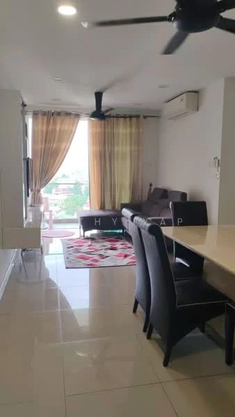 Living features: floor-to-ceiling windows, curtains, 3-seater fabric sofa in brown, area rug with geometric pattern, ceiling fan, wall-mounted air conditioning unit, coffee table, TV console, wall-mounted TV; style: modern; view: city. Dining features: 6-seater dining table, upholstered dining chairs, polished tile flooring; style: modern; view: city.