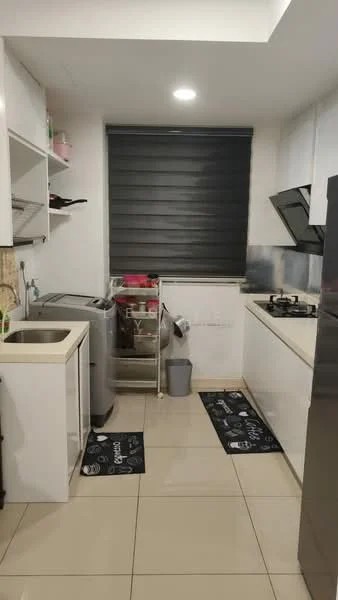 Kitchen features: single-bowl stainless-steel sink, chrome pull-down faucet, white cabinetry, black countertop, built-in gas stove, stainless-steel range hood, washing machine, tile backsplash, grey roller blinds, ceramic tile flooring, two black area rugs with text design; style: modern.