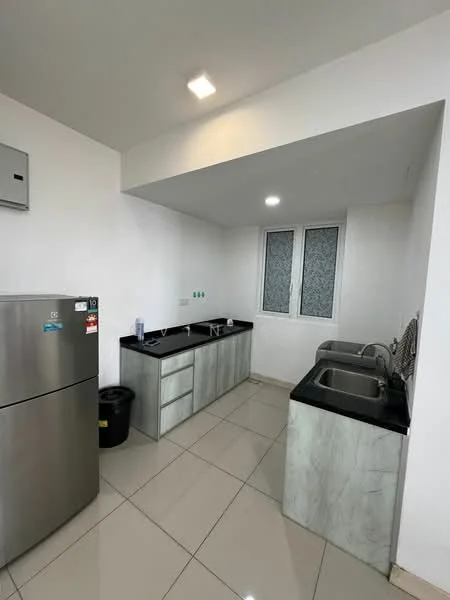 Kitchen features: stainless-steel fridge, double-bowl stainless-steel sink, chrome pull-down faucet, black granite countertop, white cabinetry, tile flooring, white painted walls, window with frosted glass, overhead LED lighting; style: modern.