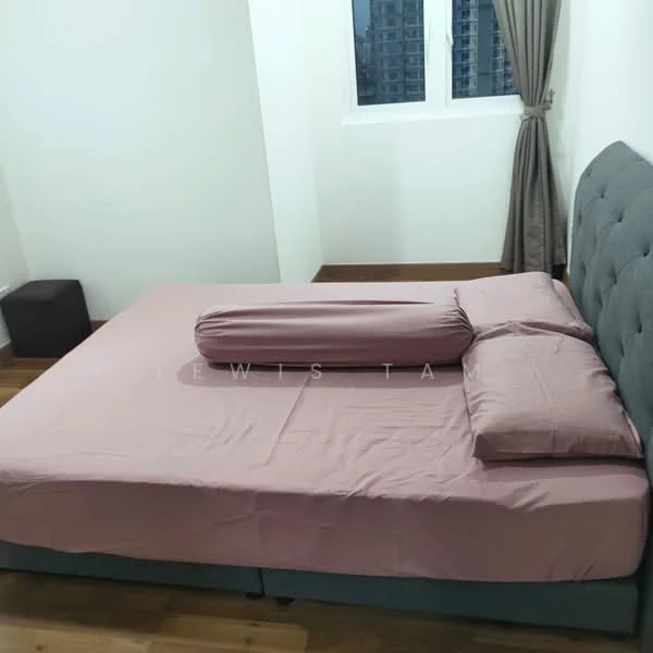 Bedroom features: king-size bed with upholstered headboard, pink bed linens, two pillows, wooden flooring, floor-to-ceiling window, curtains, nightstand, decorative bolster pillow; style: modern; view: city.