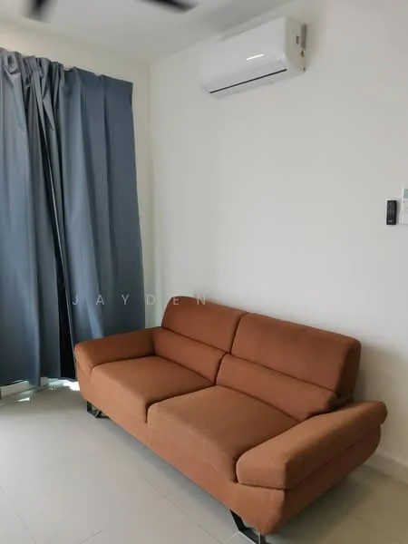 Living features: brown fabric 2-seater sofa, floor-to-ceiling window, blue curtains, wall-mounted split AC, light-colored tile flooring, white painted walls; style: modern.