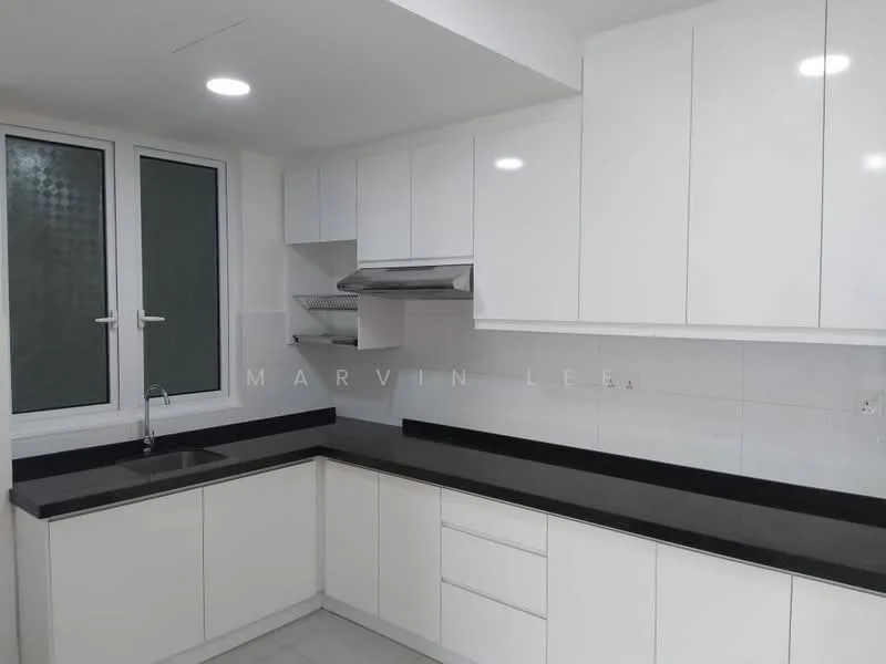 Kitchen features: white cabinetry, black countertop, stainless-steel sink, chrome pull-down faucet, built-in range hood, wall-mounted cabinets, open shelving, ceramic tile flooring, floor-to-ceiling windows, grey wall tiles, recessed downlights; style: modern.