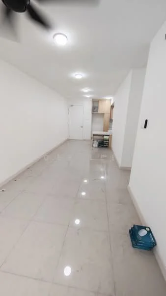 Room features: white painted walls, marble tile flooring, recessed LED downlights, ceiling fan, open kitchen area visible, kitchen cabinetry, doorway leading to another room, empty space, no visible furniture; style: modern.