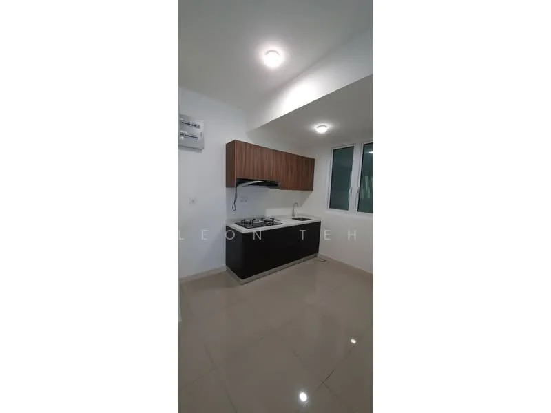 Kitchen features: white walls, glossy tile flooring, wood cabinetry in brown, black lower cabinetry, stainless-steel gas hob, stainless-steel range hood, single-bowl stainless-steel sink, window with view to outside, recessed ceiling lights, wall-mounted split AC; style: modern.