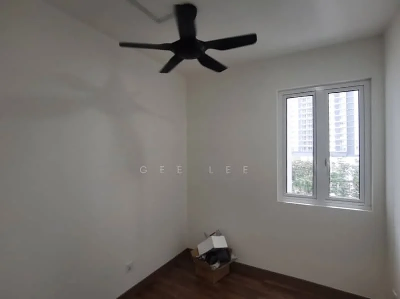 Room features: white painted walls, wooden flooring, 5-blade ceiling fan, floor-to-ceiling window, curtains, box of items on the floor; view: city.