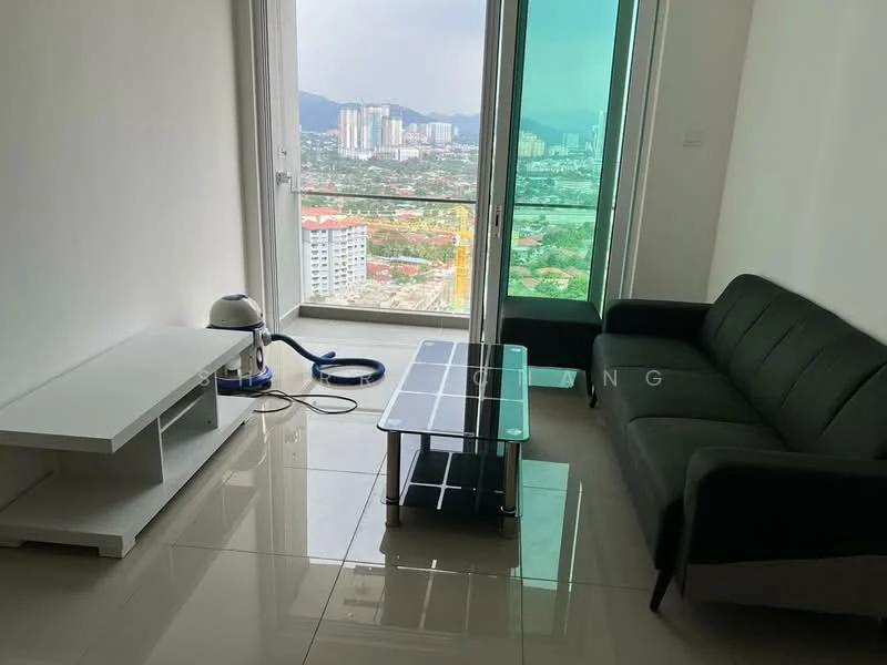 Living features: grey fabric sofa, glass coffee table, white TV console, floor-to-ceiling windows, city view, polished tile flooring, vacuum cleaner, natural light; style: modern; view: city.